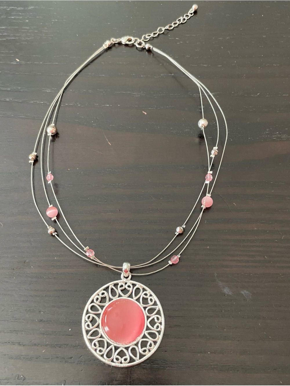 Silver Tone Metal Necklace with Pink Stone Pendant With Silver Lattice 18”